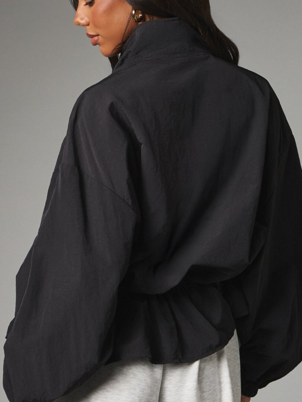 Black Casual Women's Oversized Half-Zip High Neck Pullover Jacket - Picture 2 of 5